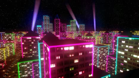 Neonstadt-Fliegt-über-Städtischen-Wolkenkratzer,-Leuchtender-Computer,-Tron-Matrix,-4k